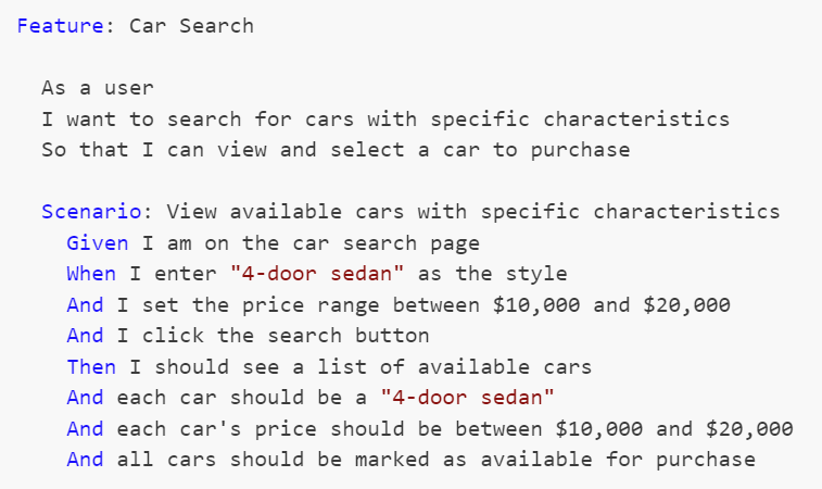 Car Search Use-Case in Gherkin